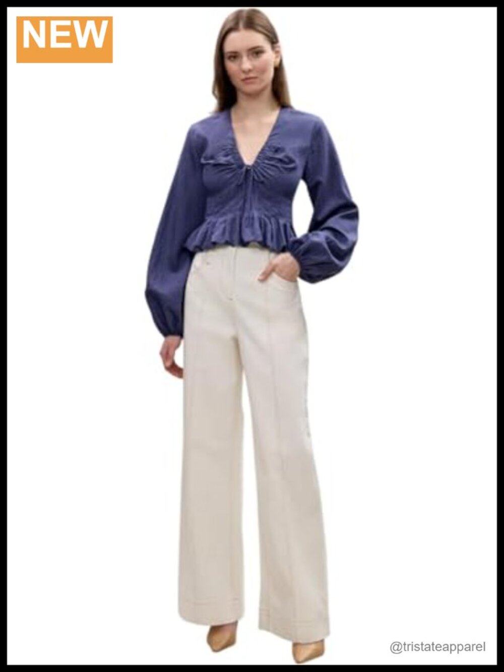 Italian Fabric Pleated Blouse Puff Sleeve V-Neck